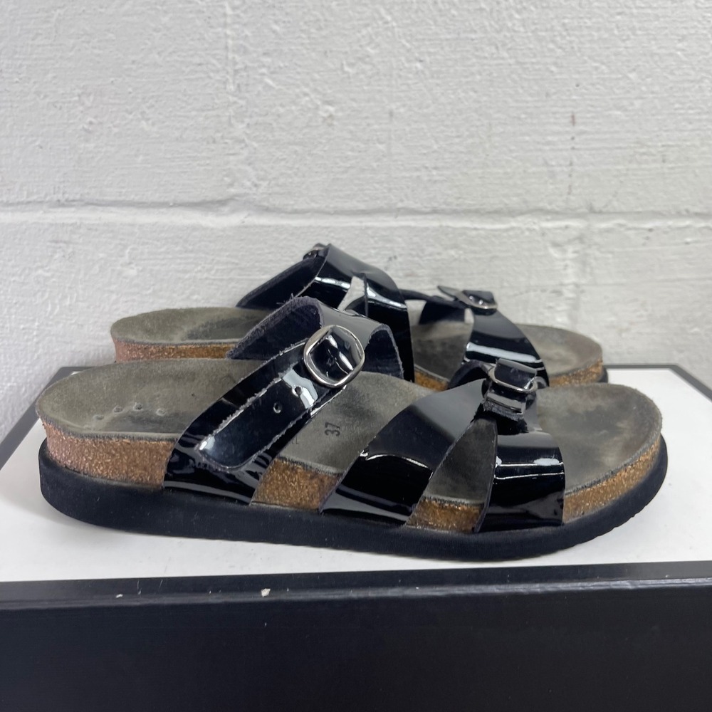 Mephisto Hannel Black Patent Leather Slides Sandals Slip On Women's 37 EU/7 US